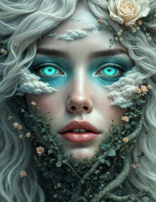 The primary subject of the image is a woman with white hair and blue eyes. She is wearing a green plant-like headpiece and has a flower in her hair. The setting is a cloudy sky, which serves as the backdrop for the woman's face. The visual style is a digital art, creating a surreal and dreamy atmosphere. The colors are predominantly white and blue, with the green of the plant-like headpiece adding a touch of vibrancy to the scene.